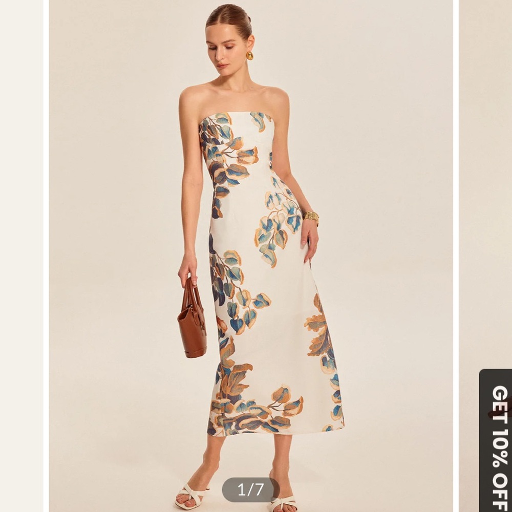 Strapless Floral Maxi Dress - Cream with Blue & Brown Print